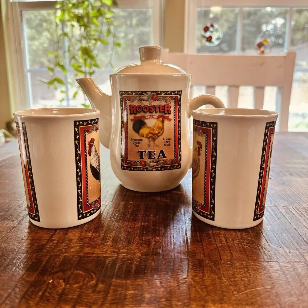 Bay Island Inc. Rooster Brand Ceramic Tea Set-Teapot with Lid & 2 Matching Mugs